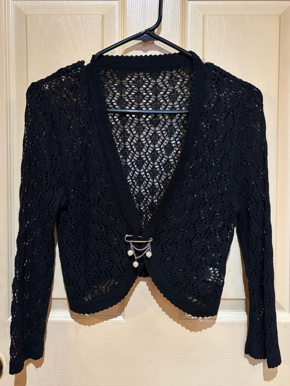 Black bolero sweater with Decorative Pin, Size Medium